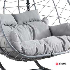 Balansoar suspendat dublu tip cuib Kiwari® Duo, cuib 68 x 126 x 114 cm, suport metalic 200 cm cu baza stabila cu patru picioare, plastic rezistent, leagan relaxare pentru casa/gradina/terasa/balcon, Gri - Img 5