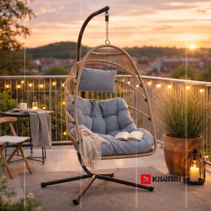 Balansoar suspendat tip cuib Kiwari® Zen, cuib 60 x 80 x 116 cm, suport metalic 200 cm cu baza stabila cu patru picioare, plastic rezistent, leagan relaxare pentru casa/gradina/terasa/balcon, Negru - Img 3