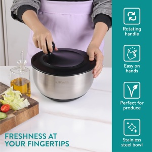 Bol multifunctional Navaris cu centrifuga pentru salata, 5 discuri interschimbabile pentru feliere si razuire, sita inclusa, inox, baza antiderapanta, Argintiu - Img 4
