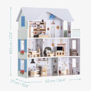 Casa de papusi din lemn Navaris, cu 3 etaje, cu mobilier si accesorii, 5 camere si balcon, 69.5x62x27 cm - Img 4