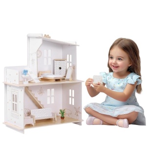 Casuta de papusi Navaris, din lemn, cu 2 etaje si terasa, 57 x 45 x 22.5 cm, mobilier si accesorii, 3 ani+, Alb