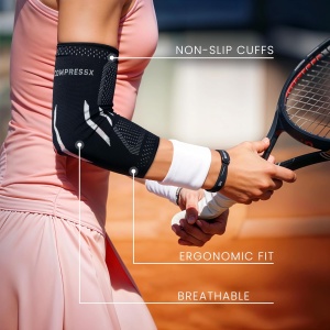 Compresie pentru cot, COMPRESS PRO, antiderapant, material respirabil, pentru ameliorarea durerilor, tendita, antrenamente, tenis, golf, baschet, marimea S, Negru/Alb - Img 4