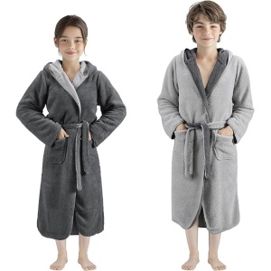 Halat de baie pentru copii HOMELEVEL, 11-12 ani, 146-152 cm, reversibil, din poliester, cu gluga, Antracit/Negru