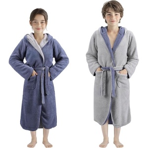 Halat de baie pentru copii HOMELEVEL, 13-14 ani, 158-164 cm, reversibil, din poliester, cu gluga, Albastru/Gri