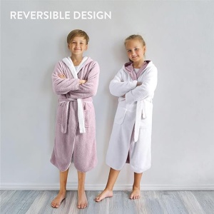 Halat de baie pentru copii HOMELEVEL, 13-14 ani, 158-164 cm, reversibil, din poliester, cu gluga, Alb/Roz - Img 3