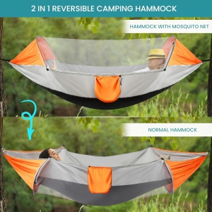 Hamac de camping, Belle Vous, cu plasa anti-tantari, material 210T Nylon, 250x80 cm, portabil, buzunar lateral depozitare, chingii de prindere si carabiniere, Gri/Portocaliu - Img 3