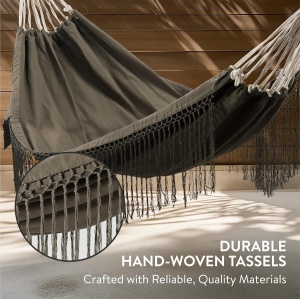 Hamac HOMELEVEL, din bumbac, 220 x 115 cm, cu franjuri, greutate maxima suportata 120 kg, interior/exterior, Gri inchis - Img 4