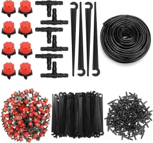 Kit Irigatie cu Picurare, Belle Vous, 300 de Piese, din Plastic, 40 m Furtun, Reglabil, pentru Gradina, Sera, Plante, Negru