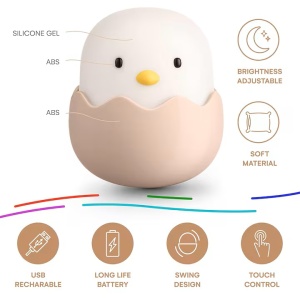 Lampa de veghe portabila pentru copii, LED multicolor, USB, touch-control, temporizator, PVC, ABS, Pui, galben - Img 4