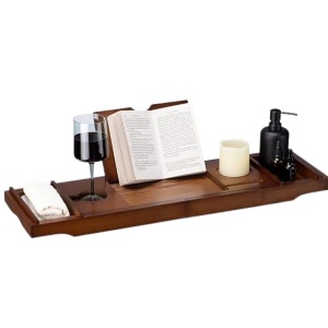 Masuta extensibila pentru cada Navaris, din bambus, 75–108 cm, masuta de servire la pat, cu suport pentru carte, tableta si pahar, Maro inchis