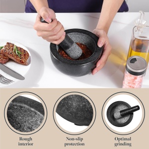 Mojar cu pistil profesional, Gourmeo, din granit, 400 ml, 16 x 16 x 8 cm, usor de curatat, Negru - Img 3