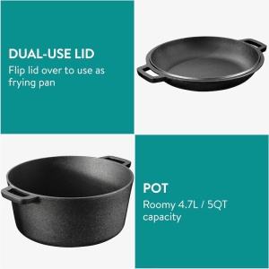 Oala cuptor olandez cu capac Navaris din fonta, 4.7 l, 2in1, pentru cuptor, plita, gaz, electric, cu inductie, 32 cm - Img 4