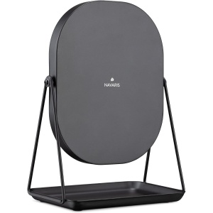 Oglinda cosmetica Navaris, rotativa 360°, ovala, cu baza metalica si tava pentru bijuterii, 18 x 28 cm, Negru - Img 6