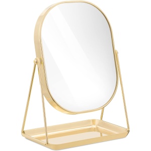 Oglinda cosmetica Navaris, rotativa 360°, ovala, cu baza metalica si tava pentru bijuterii, 18 x 28 cm, Auriu