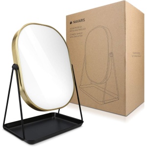 Oglinda cosmetica Navaris, rotativa 360°, ovala, cu baza metalica si tava pentru bijuterii, 18 x 28 cm, Negru/Auriu - Img 2