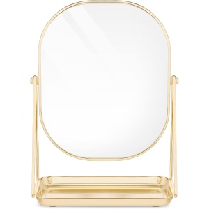Oglinda cosmetica Navaris, rotativa 360°, ovala, cu baza metalica si tava pentru bijuterii, 18 x 28 cm, Auriu - Img 6