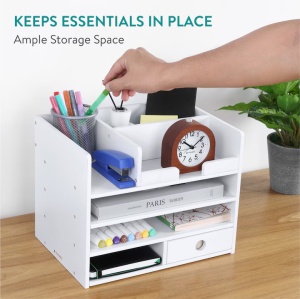 Organizator birou cu sertare Navaris, 33x24x26 cm, auto-asamblare, alb, bambus - Img 4