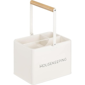 Organizator metalic produse de curatenie Navaris, 27.7 x 23 x 21 cm, 3 compartimente, tava interioara detasabila, Alb
