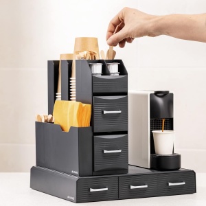 Organizator pentru cafea si ceai Navaris, suport pentru aparat cu 3 sertare pentru capsule si compartimente pentru acesorii, negru - Img 7