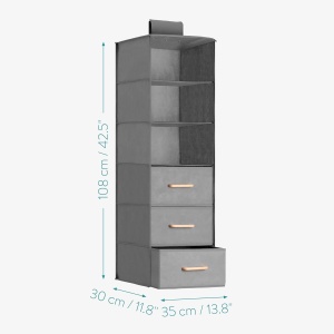 Organizator suspendat pentru dulap Navaris, cu 3 rafturi si 3 sertare, 35 x 30 x 108 cm, pliabil, manere din lemn de fag, Gri - Img 3