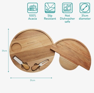 Platou pentru servire branzeturi Navaris, rotund, din lemn de acacia, cu ustensile, 31 cm diametru, maro - Img 3
