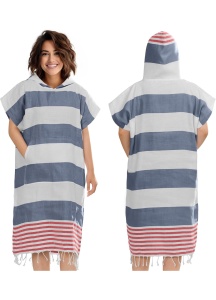 Poncho prosop JEMIDI unisex, S/M, bumbac, albastru/rosu, cu gluga si buzunar