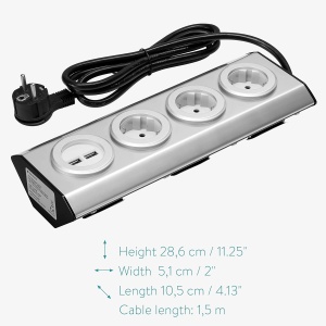 Prelungitor pentru blat Navaris, 3 prize schuko, 2 porturi USB, cablu 1.5 m, din inox/plastic, montare pe blat, birou, perete, colt, Gri - Img 6