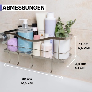 Raft de dus Kincmax, nu necesita gaurire, din otel inoxidabil, raft auto-adeziv pentru depozitare in bucatarie, cu carlige, 13 x 13 x 32 cm - Img 7