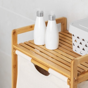 Raft pentru baie Navaris, 96 x 44 x 33 cm, organizator cu 3 sertare din material textil, cadru din bambus si raft superior, Bej - Img 7