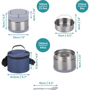 Recipient termic alimentar Belle Vous 700 ml, inox, termos alimentar cu 2 niveluri, capac etans, lingura inclusa, pentru birou, scoala, camping. geanta transport, Albastru - Img 2