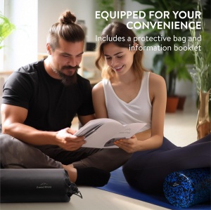 Rola cilindru pentru masaj Everest Fitness, din spuma EPP, pentru yoga, pilates, fitness, relaxare musculara, 60 x 15 cm, genta depozitare, ghid exercitii, Negru/Albastru - Img 5