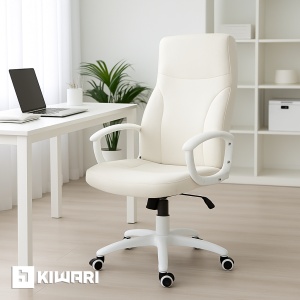 Scaun birou Kiwari® Mom, spatar inalt, cadru alb, brate fixe, sezut cu spuma si tesatura, mecanism fluture, baza nylon, roti PU, Alb - Img 7