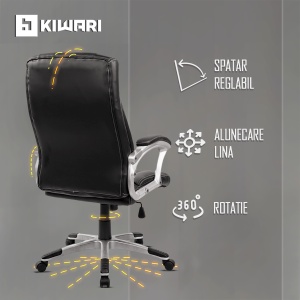 Scaun de birou ergonomic Kiwari® Eliot, spatar inalt, mecanism inclinabil cu reglaj pe gaz, rotatie 360°, brate late PP ergonomice, baza cromata stabila, roti nylon silentioase, tapiterie PU+PVC neteda, suporta 136 kg, Negru - Img 6