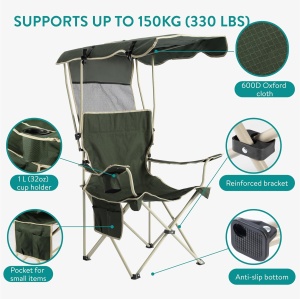 Scaun de camping Navaris, pliabil, cu parasoloar, cotiere si suport pentru pahar, 52 x 52 x 130 cm, material Oxford 600D, Verde - Img 2