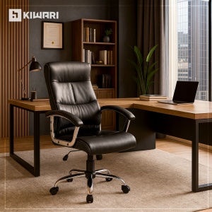Scaun ergonomic Kiwari® Rei, spatar inalt, mecanism inclinabil cu piston pe gaz, ajustabil pe inaltime, rotatie 360°, brate fixe ergonomice PP, baza cromata, roti nylon silentioase, tapiterie PU+PVC, suporta 130 kg, Negru - Img 7