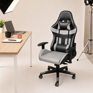 Scaun gaming Kiwari® Nova, spatar rabatabil 180°, brate 2D, perne lombara si cervicala, piele PU, negru/gri - Img 5