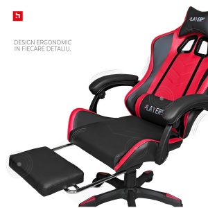 Scaun gaming Kiwari® Rush, suport pentru picioare, spatar rabatabil 135°, perne lombara si cervicala, negru/rosu - Img 6