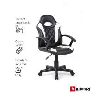 Scaun gaming Kiwari Klaus, material PU+PVC, cadru lemn, brate fixe, mecanism sus-jos, lift gaz, baza nylon, roti silentioase, spatar ergonomic, sezut confortabil, inaltime reglabila, Negru/Alb - Img 4