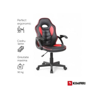 Scaun gaming Kiwari Ster, material PU, cadru lemn, baza nylon, inaltime reglabila, rotativ, Negru/Rosu - Img 4
