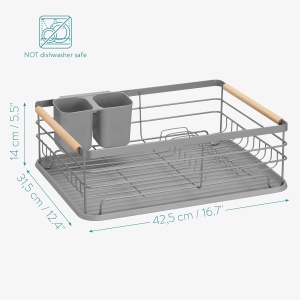 Scurgator de vase Navaris, 42.5 x 31.5 x 14 cm, din metal, manere din bambus, tava scurgere, suport detasabil pentru tacamuri, Gri - Img 5