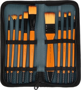 Set 10 Pensule de Pictura, Kurtzy, husa de depozitare, din Nailon, Diverse Dimensiuni, pentru Acrilic, Ulei, Acuarele, Maro