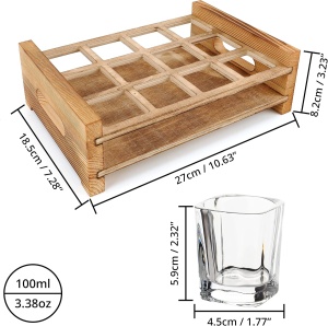 Set 12 pahare de shot Belle Vous, cu tava din lemn ars, 60 ml, suport cu manere, pentru servire bauturi, Transparent/Maro - Img 2