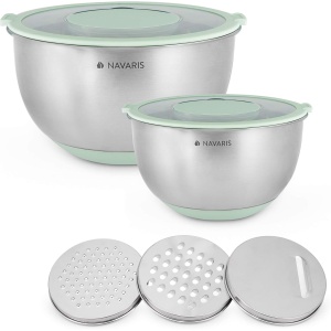 Set 2 boluri metalice multifunctionale cu capac Navaris, 20 cm si 24 cm, 3 razatori, Antiderapant, Inox, argintiu/verde