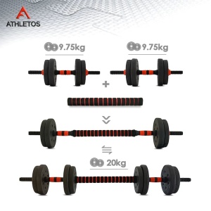 Set 2 gantere reglabile, Athletos®, 20 kg, (4x3, 2x2.5, 2x1.25Kg), bara conector inclusa, discuri ciment, multiple combinatii, Rosu/Negru - Img 7