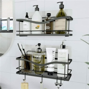 Set 2 Raft de dus Kincmax, nu necesita gaurire, din otel inoxidabil, raft auto-adeziv pentru depozitare in bucatarie, cu carlige, Negru mat, 13 x 13 x 32 cm - Img 2