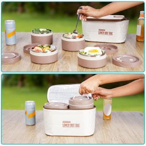Set 4 cutii de pranz Belle Vous, din plastic si otel inoxidabil, cu capac etans, geanta termoizolanta si tacamuri, 350/550 ml, Maro - Img 2