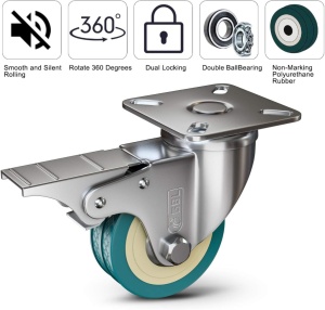 Set 4 roti GBL, 50 mm, pivotante 360°, sarcina maxima de incarcare 100kg, sistem de franare, poliuretan, Argintiu/Verde - Img 5