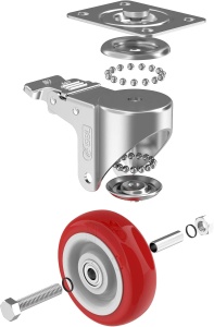 Set 4 roti pivotante GBL, 125 mm, sarcina maxima de incarcare 800 Kg, rotatie 360°, poliuretan, cu sistem de franare, Rosu/Argintiu - Img 6