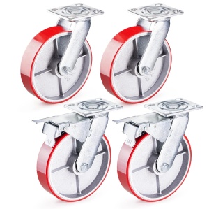 Set 4 roti pivotante pentru transport roti GBL, 200 mm, sarcina maxima de incarcare 1520 kg, rotatie 360°, cauciuc PU, 2 roti cu frane, Argintiu/Rosu
