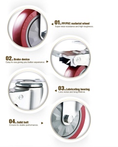 Set 4 roti universale GBL, pentru transport, 100mm, pivotante 360°, sarcina maxima de incarcare 600 Kg, cu 2 frane, poliuretan, Rosu - Img 6